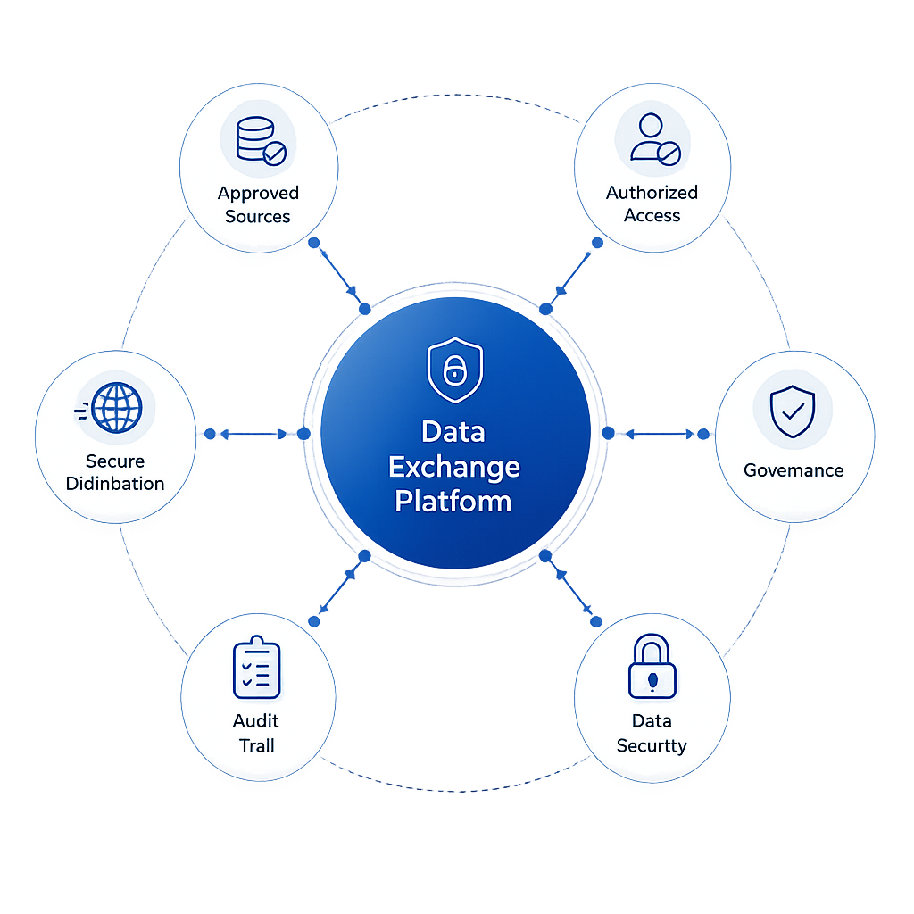 Data Exchange Platform diagram showing governed flows across approved sources, authorized access, governance, data security, audit trail, and secure distribution